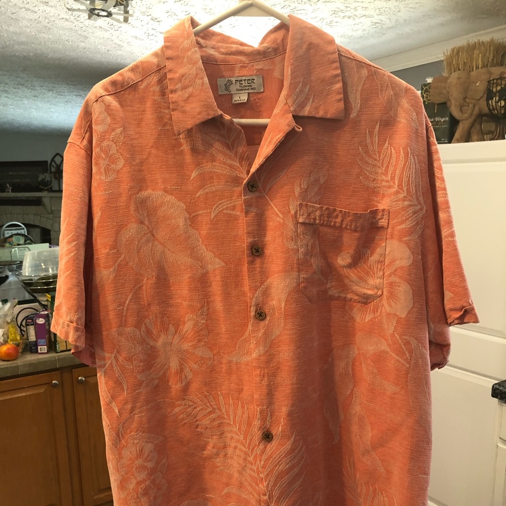 Pink floral 100% silk Peter Tilokani short sleeve button down shirt size large